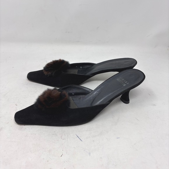 Stuart Weitzman Kitten Heel Mules Size 6M Fur Pom Pom Chocolate Brown Suede - Picture 1 of 10